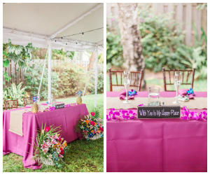 Tropical Pink, Purple and Blue Wedding Reception Sweetheart Table