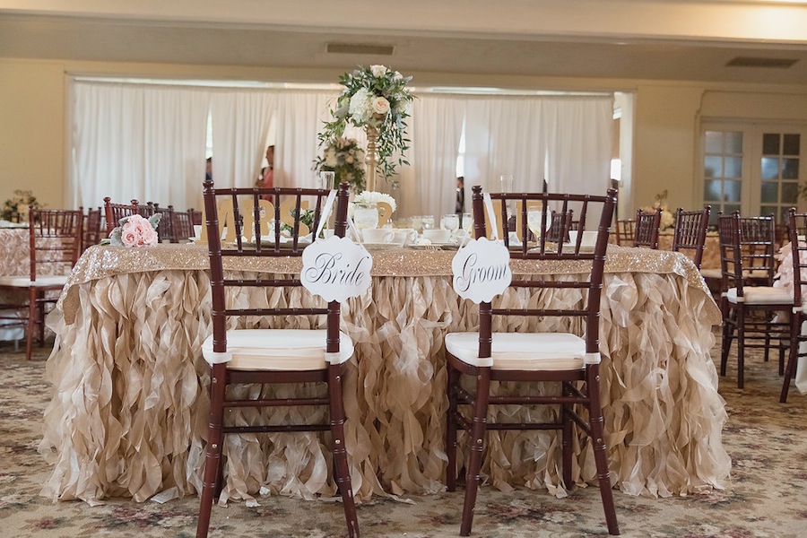 Ruffled Linen Bride and Groom Wedding Head Table with Mahogany Chiavari Chairs