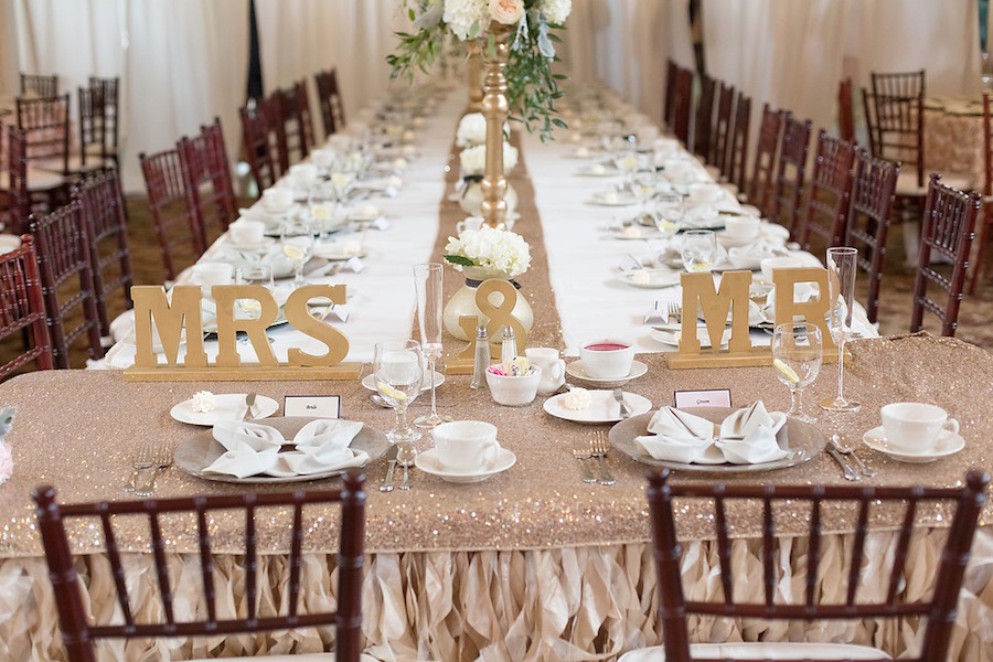 Sequined Wedding Linens | Ruffled Linen Bride and Groom Wedding Head Table with Mr. Mrs. Signs