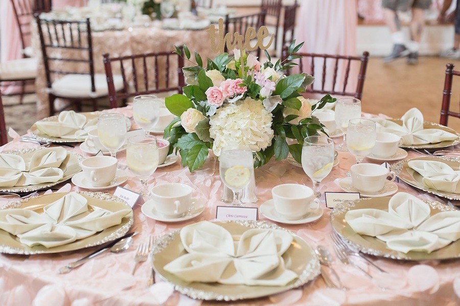 White, Pink, Blush and Sage Green Wedding Centerpieces with Pink Speciality Linens