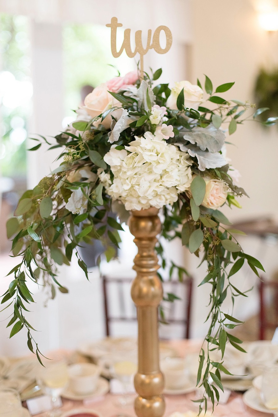 White, Pink, Blush and Sage Green Tall Wedding Centerpieces with Table Numbers