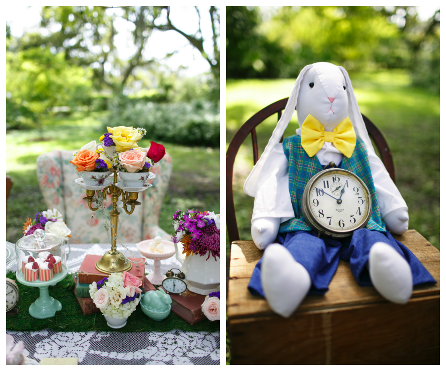 Alice in Wonderland Pink Centerpieces and White Rabbit Wedding Decor | Tampa Wedding Venue USF Botanical Gardens | Carrie Wildes Photography