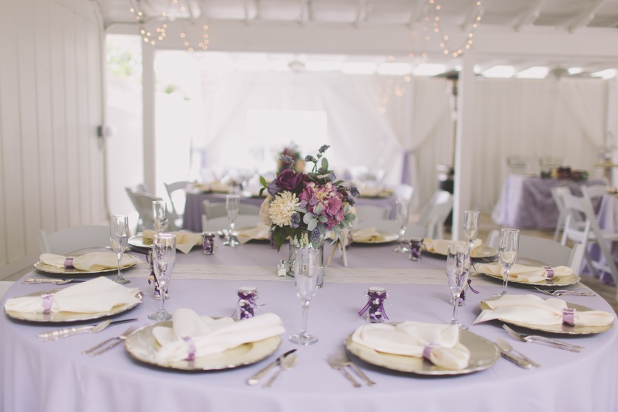 Purple and Lavender Wedding Reception Decor | Vintage Centerpieces with Lace Runner and Lavender Linens