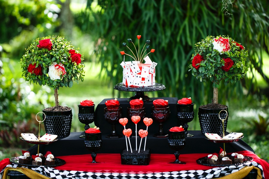 Alice in Wonderland Queen of Hearts Black and Red Tea Party Wedding Bridal Shower | Tampa Wedding Venue USF Botanical Gardens | Chefin Pastries