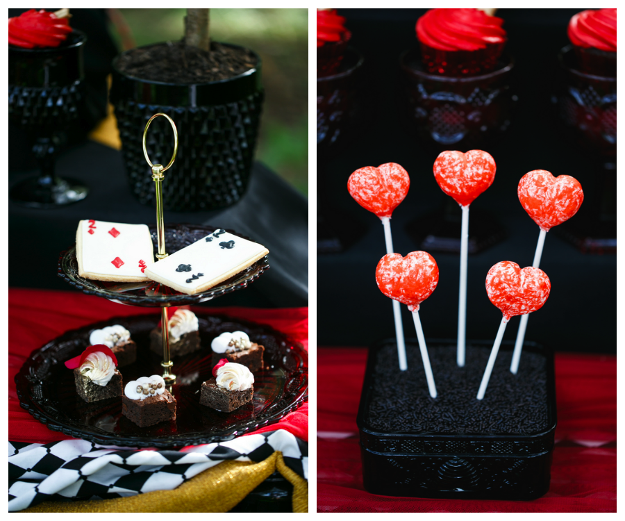 Alice in Wonderland Queen of Hearts Playing Cards Desserts Black and Red Tea Party Wedding Bridal Shower | Tampa Wedding Venue USF Botanical Gardens | Chefin Pastries