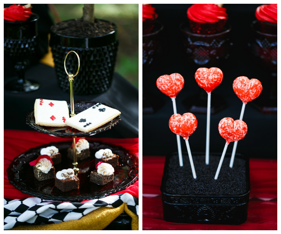 Alice in Wonderland Queen of Hearts Playing Cards Desserts Black and Red Tea Party Wedding Bridal Shower | Tampa Wedding Venue USF Botanical Gardens | Chefin Pastries