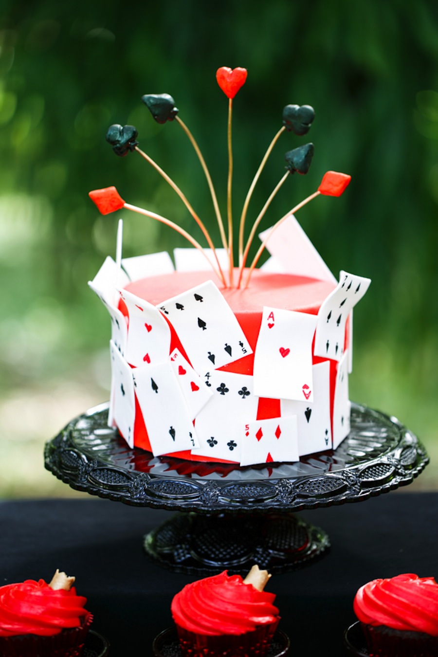 Alice in Wonderland Queen of Hearts Playing Cards Cake Desserts Black and Red Tea Party Wedding Bridal Shower | Tampa Wedding Venue USF Botanical Gardens | Chefin Pastries