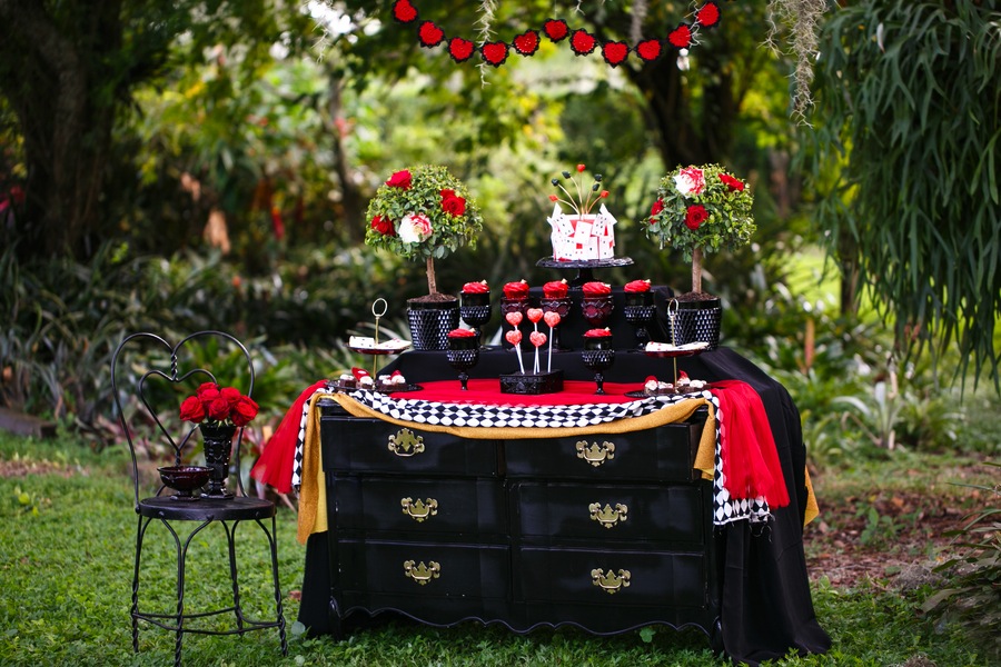 Alice in Wonderland Queen of Hearts Playing Cards Cake Desserts Black and Red Tea Party Wedding Bridal Shower | Tampa Wedding Venue USF Botanical Gardens | Chefin Pastries