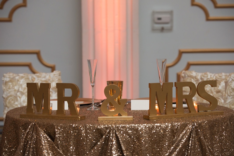 Mr & Mrs Wedding Sign with Glitter Sequined Linens | Sweetheart Wedding Table