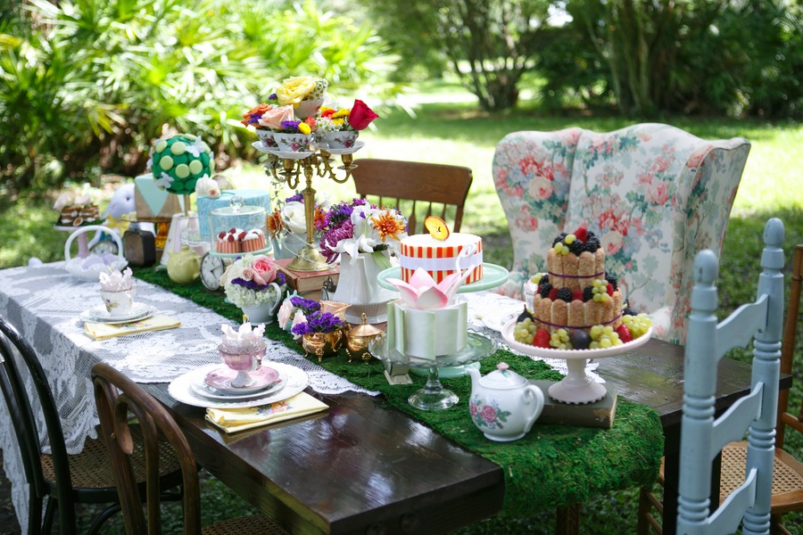 Alice in Wonderland Tea Party Bridal Shower with Pink Centerpieces and Vintage China Wedding Decor | Tampa Wedding Venue USF Botanical Gardens | Carrie Wildes Photography