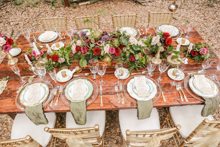 Rustic, Outdoor Wedding Reception with Glass Beaded Chargers and Red, Pink and Green Centerpieces| St. Pete Wedding Planner Blue Skies Events
