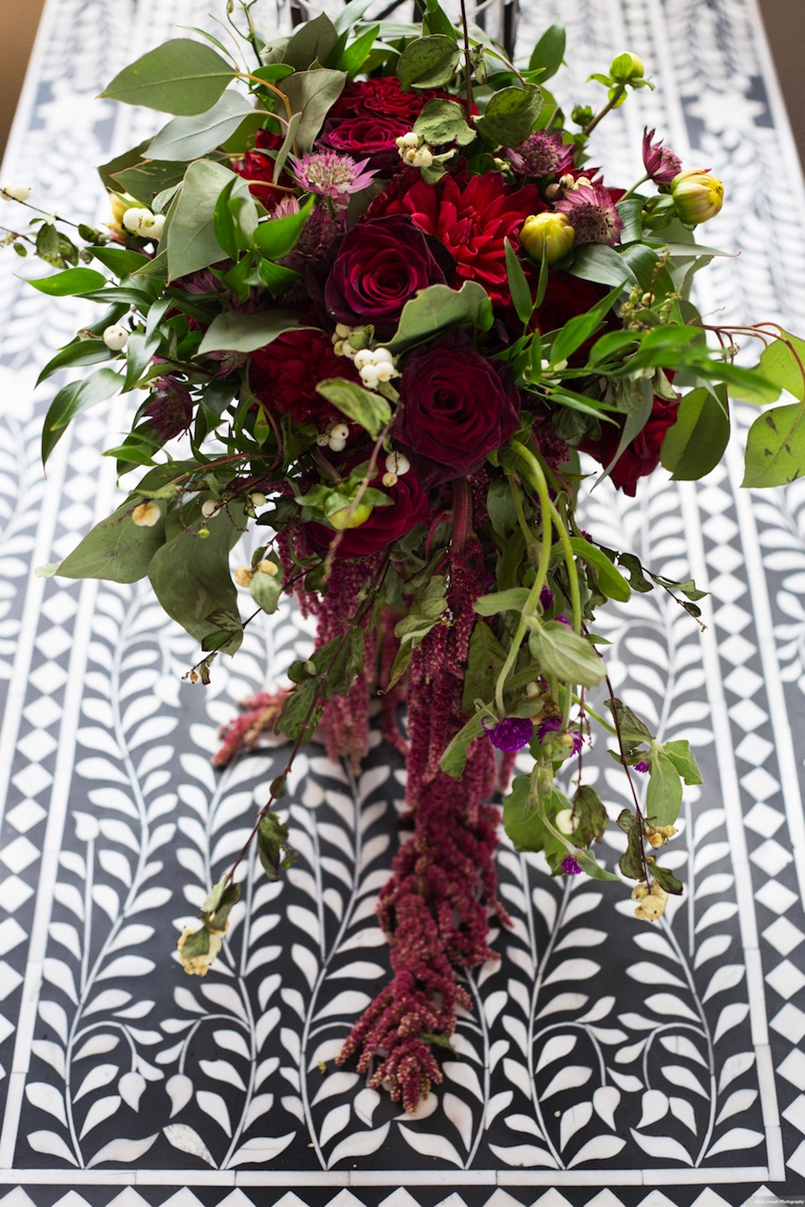 Dark Red Cascading Wedding Centerpiece with Greenery | Tampa Bay Wedding Florist Andrea Layne Floral Designs