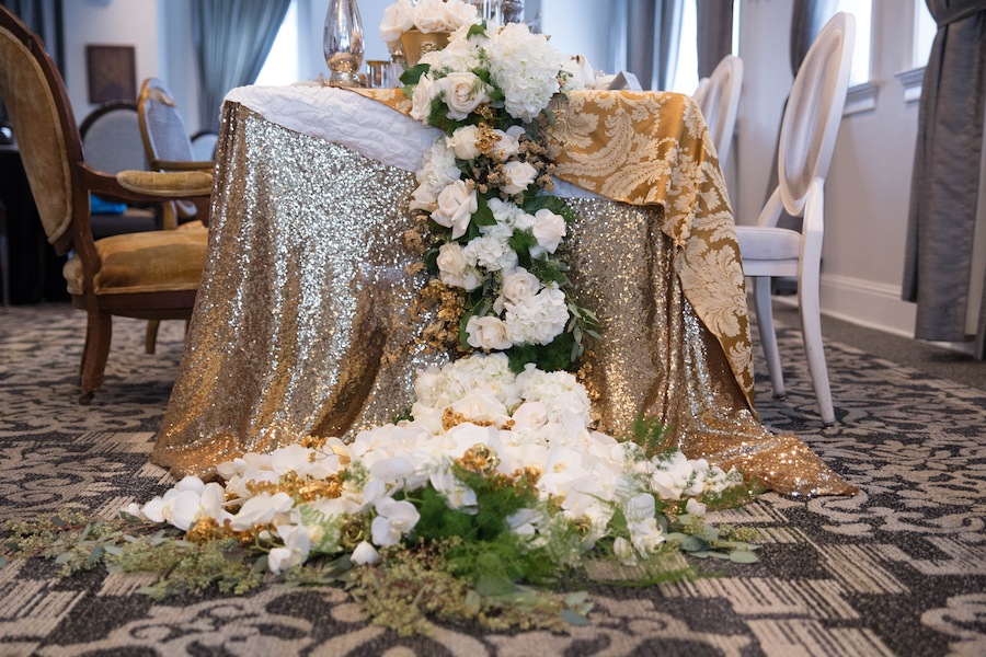 Gold Sparkle Wedding Linens and White Centerpieces | Pea to Tree Events