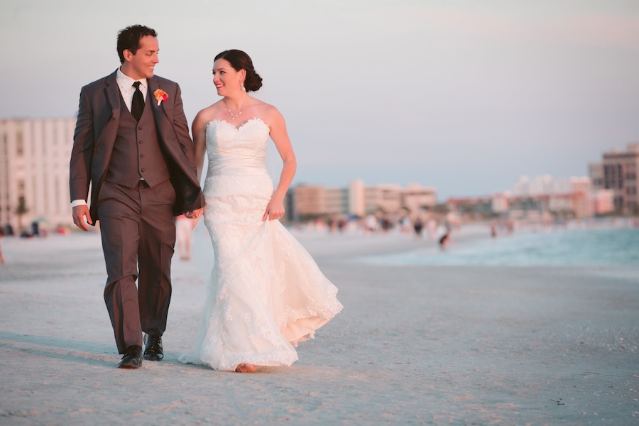 St. Pete Beach Wedding Portrait | Bride and Groom Walking on Florida Beach