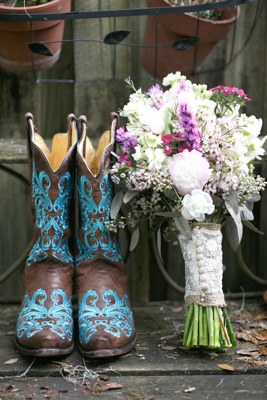 Teal Cowboy Boots and Rustic White and Purple Wedding Bouquet