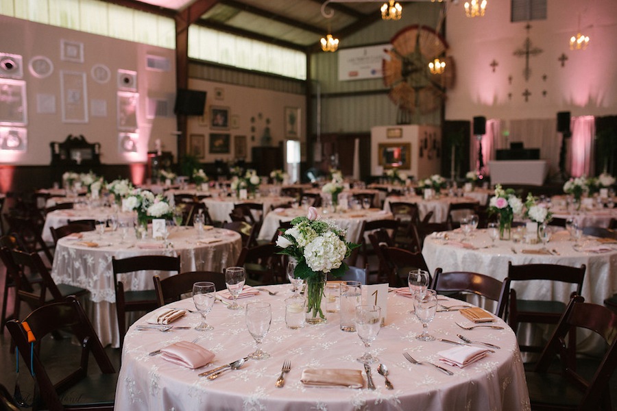 Rustic White Wedding Centerpieces with Lace Linens | Rocking H Ranch Barn Wedding Reception