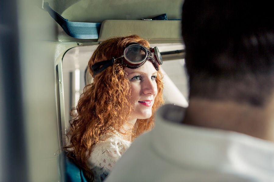 Engagement Session in Plane with Vintage Goggles | Plant City Vintage Airport Engagement Shoot