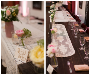 Rustic White and Blush Pink Wedding Centerpieces with Lace Linens