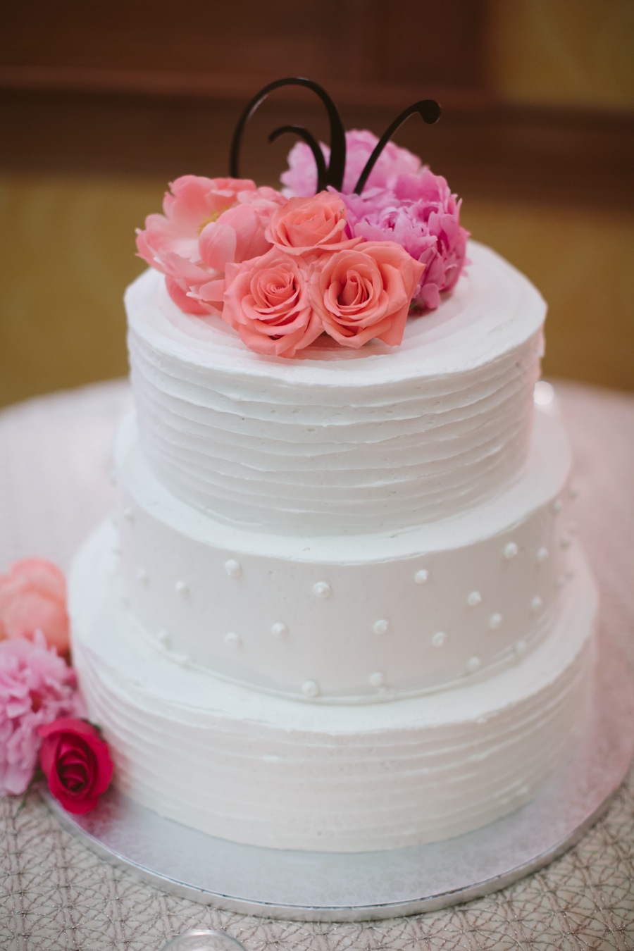 Pink and Coral Wedding Cake with Fresh Flowers