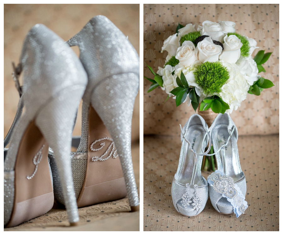 Silver Sparkle Rhinestone Wedding Shoes | White Rose Wedding Bouquet with Greenery
