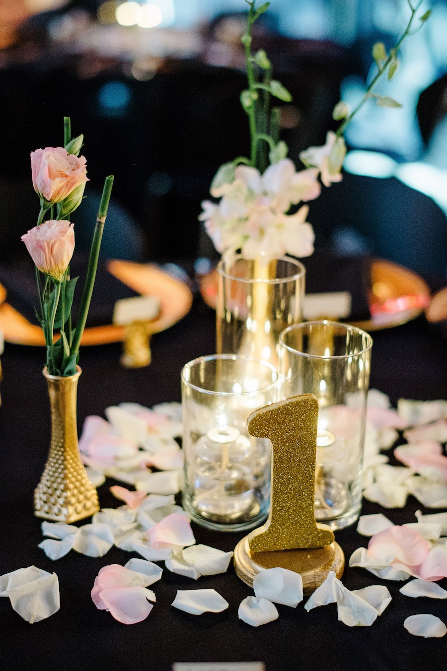 Simple White and Pink Wedding Centerpieces with Glitter Gold Table Numbers
