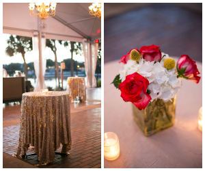 Tampa Gold Sparkle Wedding Linens Over the Top Linens | Red and White Centerpiece by Florist Fire