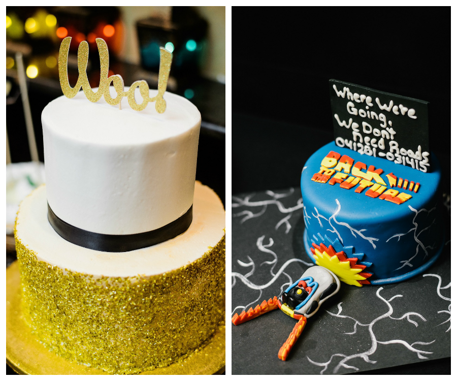 Glitter Gold Wedding Cake and Back to the Future Groom's Cake