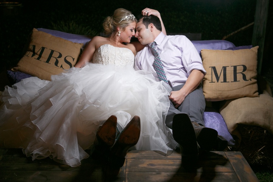 Rustic Bride and Groom Wedding Portrait with Mrs. Mr. Pillows | Tampa Wedding Photographer Carrie Wildes Photography