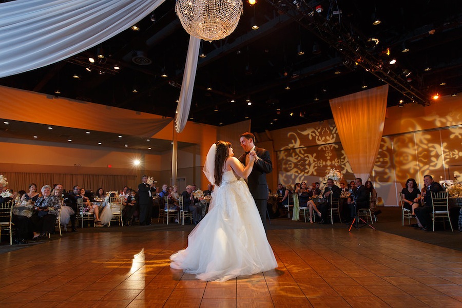 Elegant Champagne and Ivory Wedding First Dance | A La Carte Pavilion Wedding Reception with Uplighting