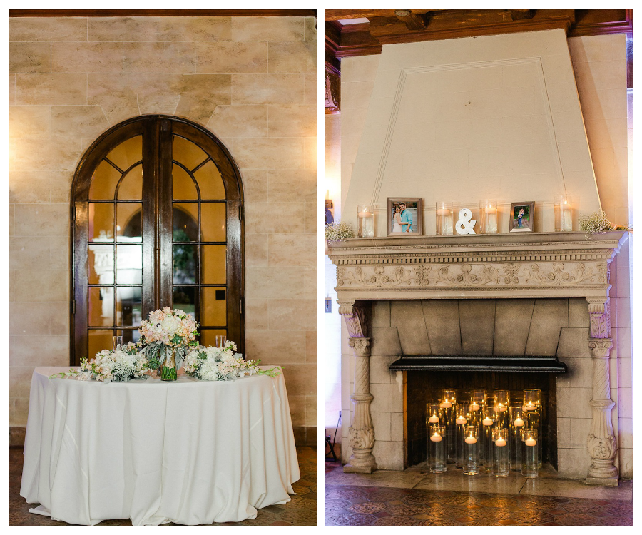 Blush and Champagne Wedding Bouquets | Candlelit Fireplace Wedding Reception Decor