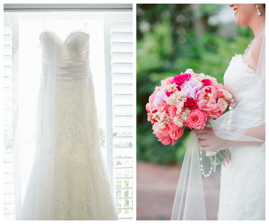 Lace Sweetheart Wedding Dress by Justin Alexander | Pink and Coral Wedding Bouquet