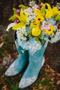 Rustic, Yellow Wedding Bouquet with Teal Cowboy Boots | Tampa Wedding Florist Northside Florist
