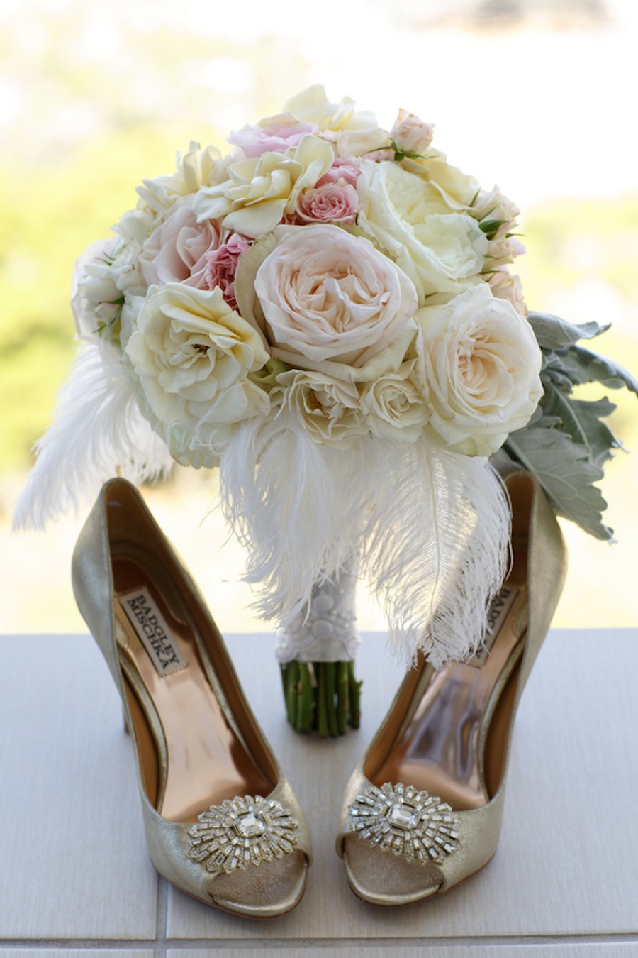 Romantic Pink and White 1920's Inspired Wedding Bouquet | Andrea Layne Floral Design | Badgley Mischka Wedding Shoes