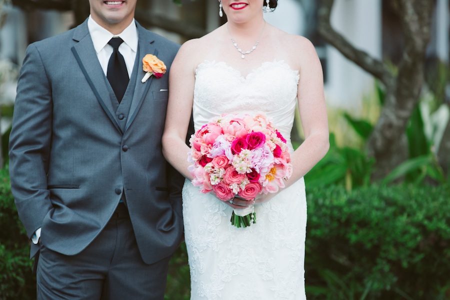 Pink and Coral Wedding Bouquet | Bride and Groom on Wedding Day