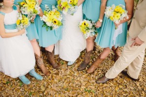 Teal, Seafoam Green/Blue Bridesmaids Dresses in Cowboy Boots | Rustic, Yellow Wedding Bouquet Tampa Wedding Florist Northside Florist