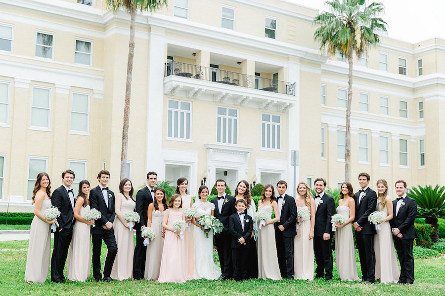 Outdoor, Wedding Party Portrait Wearing Neutral Beige Bridesmaid Dresses | Tampa Ceremony Venue Academy of the Holy Names