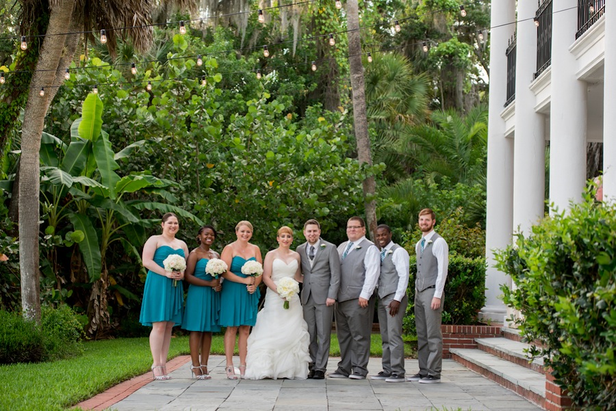 Outdoor Bridal Portrait with Teal David's Bridal Bridesmaid Dresses and Grey Groomsmen Suits