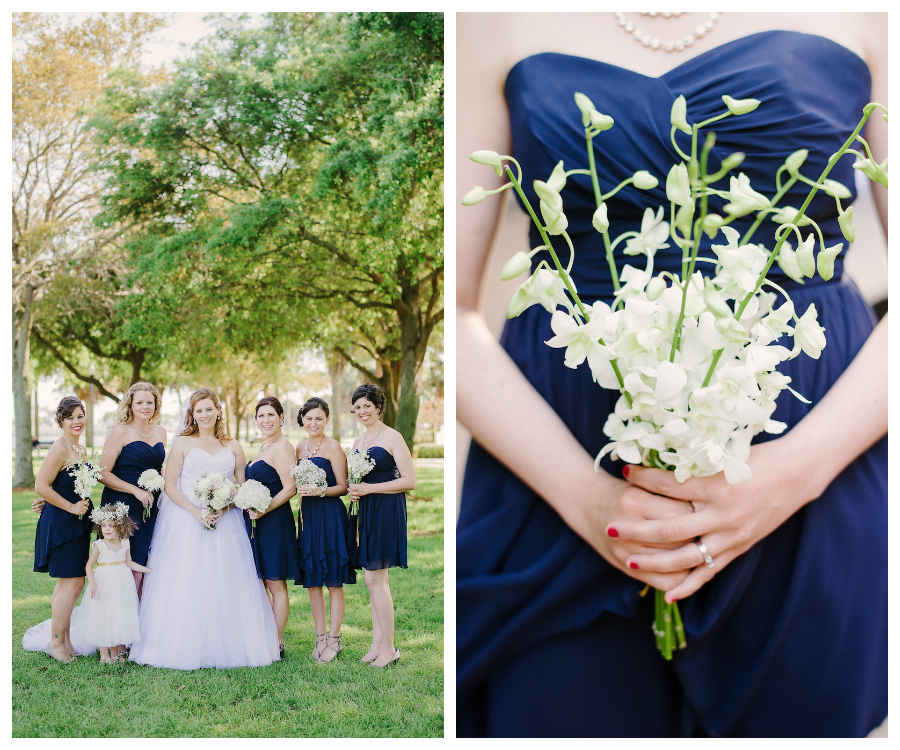 Alfred Angelo Navy Blue Bridesmaid Dresses with White Wedding Bouquet
