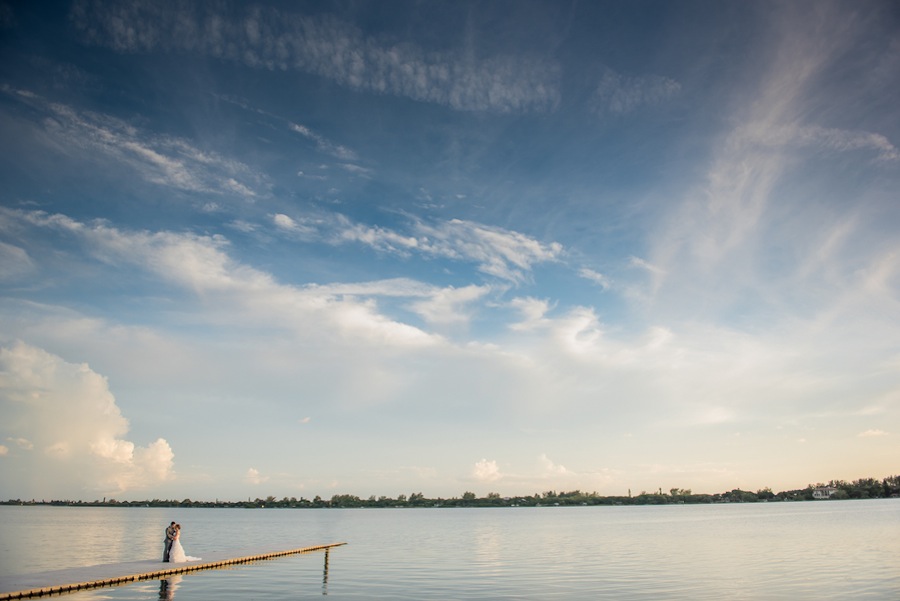 Outdoor, Waterfront Sarastoa Bride and Groom Portrait on Dock | The Bay Preserve at Osprey