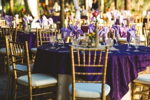 Purple and Gold Wedding Reception Linens and Decor | The Barn at Crescent LakeOutdoor Purple Wedding Reception Cocktail Hour Decor with Picnic Tables at Outdoor String Lighting, Tractor, and Cocktail Decor at Outdoor, Rustic Bride and Groom Wedding Portraits | Rustic, Barn Wedding Ceremony | The Barn Crescent Lake at Old McMickey's Farm