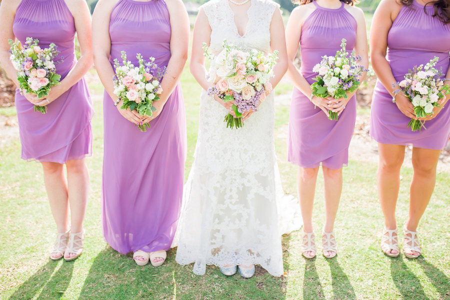 Purple David's Bridal Bridesmaid Dresses | Bridal Party Portrait with Rose Bouquets | Tampa Wedding Photographer Rad Red Creative