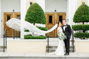 Bride and Groom Wedding Portrait with Flying Veil | Bride and Groom Wedding Portrait on Church Steps | Tampa Wedding Photographer Ailyn LaTorre Photography