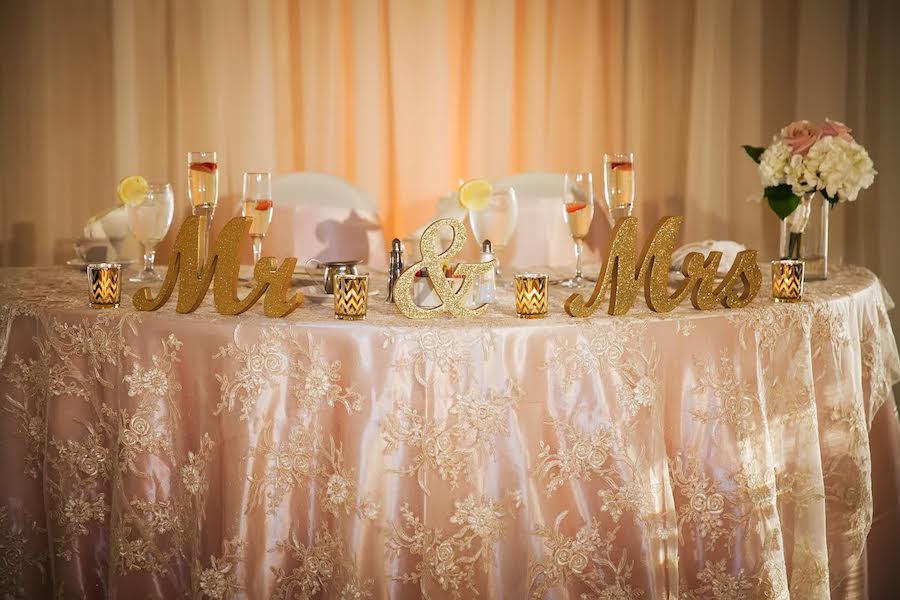 Tampa Bay Wedding Linen Rental Company Custom Linens | Sheer Embroidered Champagne Tablecloth Overlay for Wedding Sweetheart Table