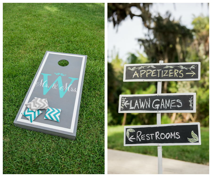 Wedding Reception Corn Hole Lawn Game and Chalkboard Wedding Signage