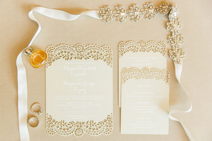 Cream, Off-White Lace Wedding Invitation and Rhinestone Crystal Wedding Belt Sash