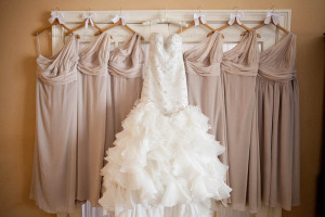 White Ruffled Wedding Dress with Champagne Bridesmaid Dresses by Wtoo