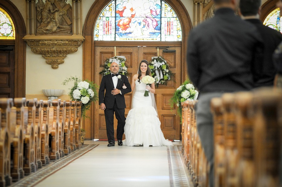 Bride Walking Down Aisle with Father | Downtown Tampa Wedding Ceremony | Sacred Heart Catholic Church