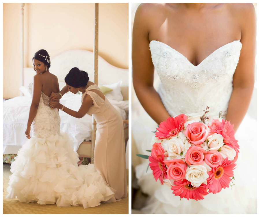 White Ruffled Wedding Dress with Pink Wedding Bouquet