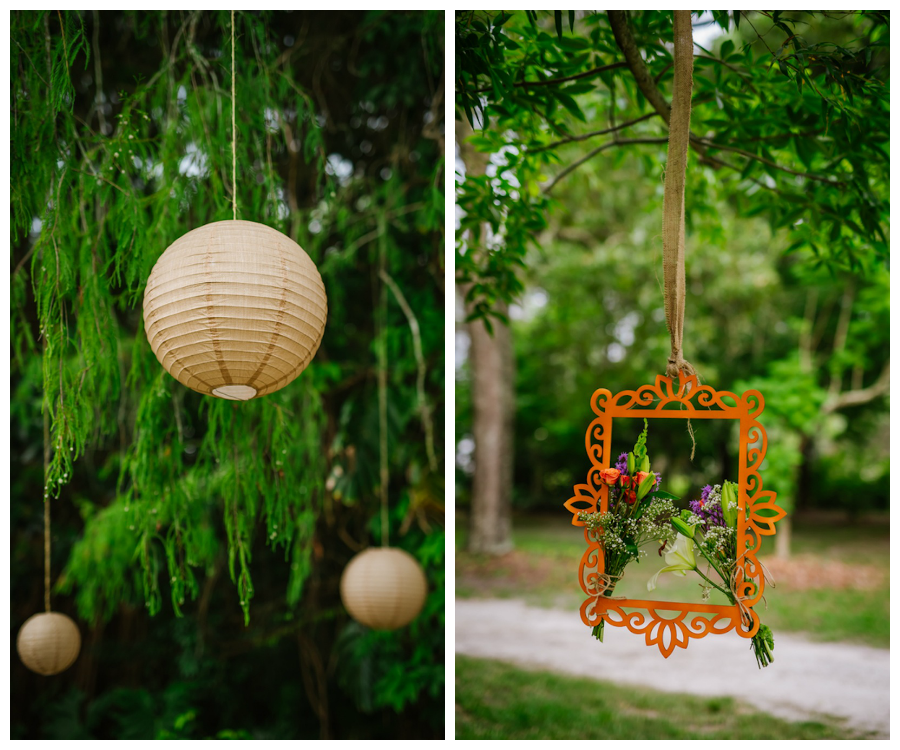 Outdoor Garden Wedding Reception with Hanging Lanterns and Flowers in Frame