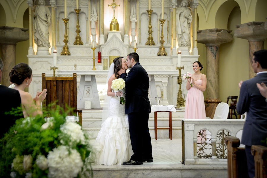 Bride and Groom First Kiss | Downtown Tampa Wedding Ceremony | Sacred Heart Catholic Church